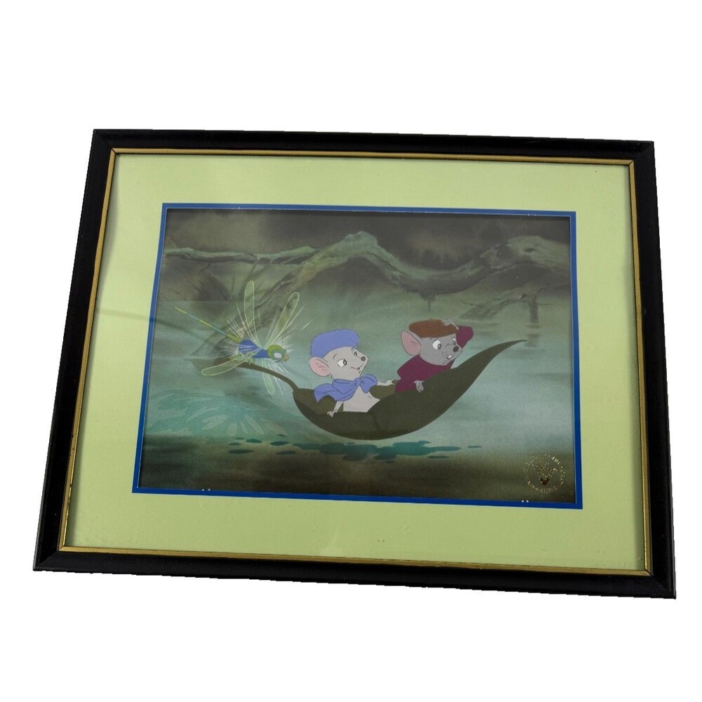 Disney Lithograph Print The Rescuers Mice Leaf Dragonfly Black Frame
